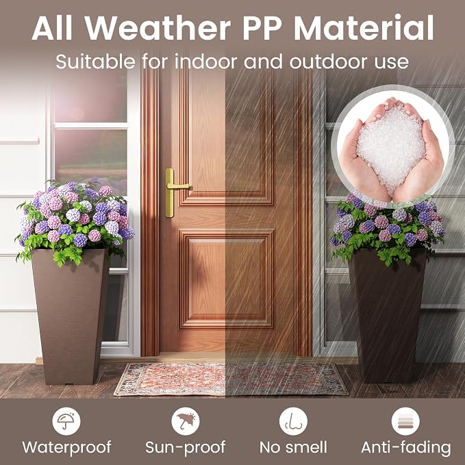 Giantex Square Taper Planter Set of 2, Self-Watering Flower Pots with/Removable Inner Bucket & Drainage Holes, Indoor Outdoor Decorative Plant Container for Porch Balcony (Brown,11.5"x11.5"x22.5")