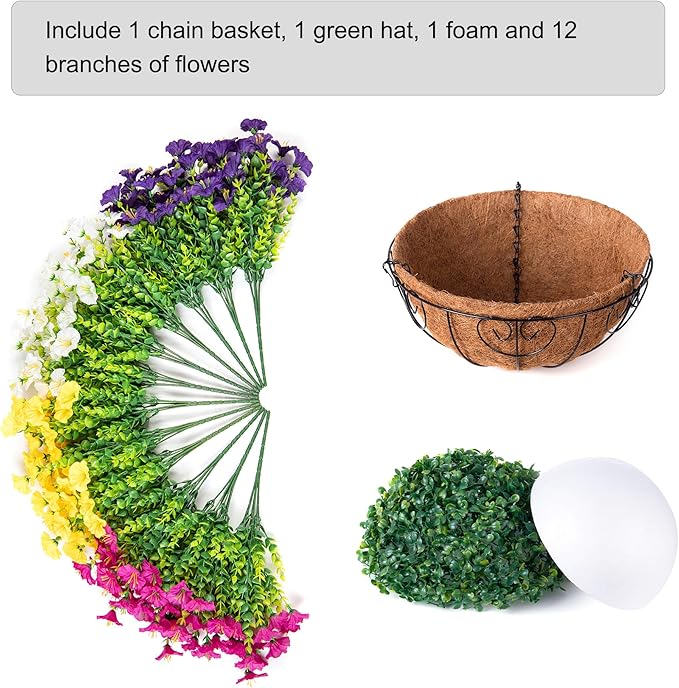 HyeFlora Artificial Hanging Flowers Faux Plants Basket for Outdoors Spring Decor, Fake Silk Morning Glory with Eucalyptus in Planter UV Resistant Outdoor Flowers for Outside Porch Patio Garden Home