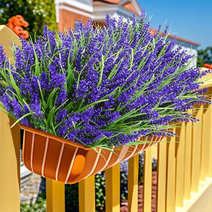 Kinisty 20 Bundles Outdoor Artificial Plants and Flowers, UV Resistant Faux Monkey Grass with Lavender and Fake Plastic Greenery for Spring Summer Outside Planter Porch Garden Decor, Purple
