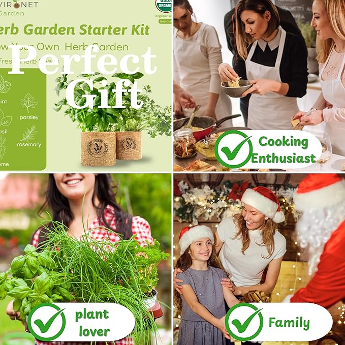 Herb Indoor Garden Kit- Unique Chrismas Herb Gardening Gift, Home Kitchen Gift for Mom, Friends, and Gardeners (Basil, Parsley, Mint, Thyme, Rosemary)