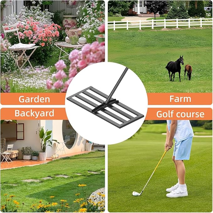 Lawn Leveling Rake 30"x10", Heavy-Duty Stainless Steel Yard Leveling Rake, Professional Soil Leveling Tool for Pastures, Golf Lawns, Gardens, Yards (Black)