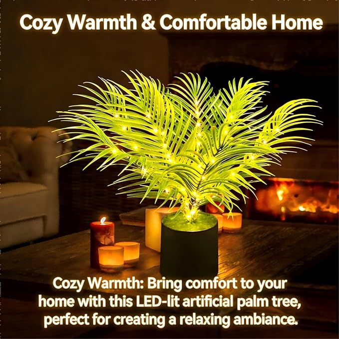 20'' LED Areca Palm Tree Faux Plant with Lights - USB & Battery Box Powered - Artificial Palm Tree for Living Room, Bedroom, Home Decor (Dypsis lutescens)