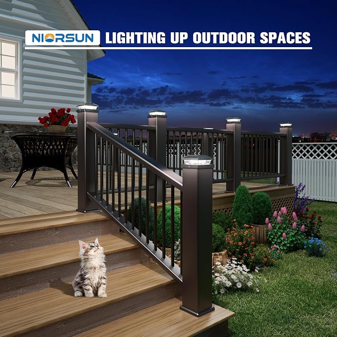 NIORSUN Solar Post Lights Outdoor, Fence Post Solar Lights Cool White, Waterproof, Garden Patio Fence Deck Decor, 4x4 Posts Cap Wood Vinyl, Black 8 Pack