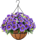 Ouddy Decor Artificial Hanging Flowers with Basket, Fake Silk Hanging Flowers in Coconut Lining Basket Faux Hanging Plants for Outdoor Indoor Spring Garden Porch Patio Balcony Home Decor, Purple
