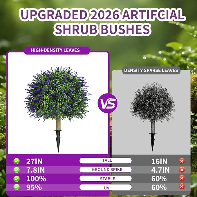 23" Set of 2 Artificial Lavender Topiary Trees for Outdoor with Ground Spike, UV Resistant Faux Boxwood Ball Plants, Fake Boxwood Plants for Indoor,Porch,Patio,Lawn Front Door Décor