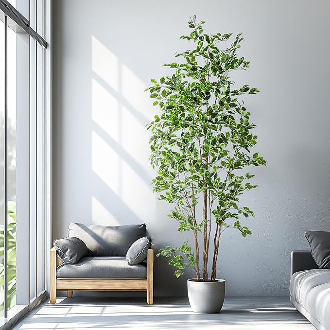 Bailikang Artificial Ficus Tree Indoor 8ft, Large Potted Faux Tree with Realistic Silk Leaves & Trunk for Home Office, Living Room Corner Decor