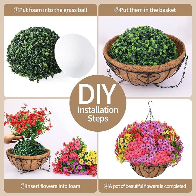 2 Sets Artificial Hanging Flower for Outdoors, Fake Hanging Basket for Outside,2 Hanging Basket with 26 Pcs Faux Silk Flowers for Porch, Balcony and Patio Decor(Mixed)