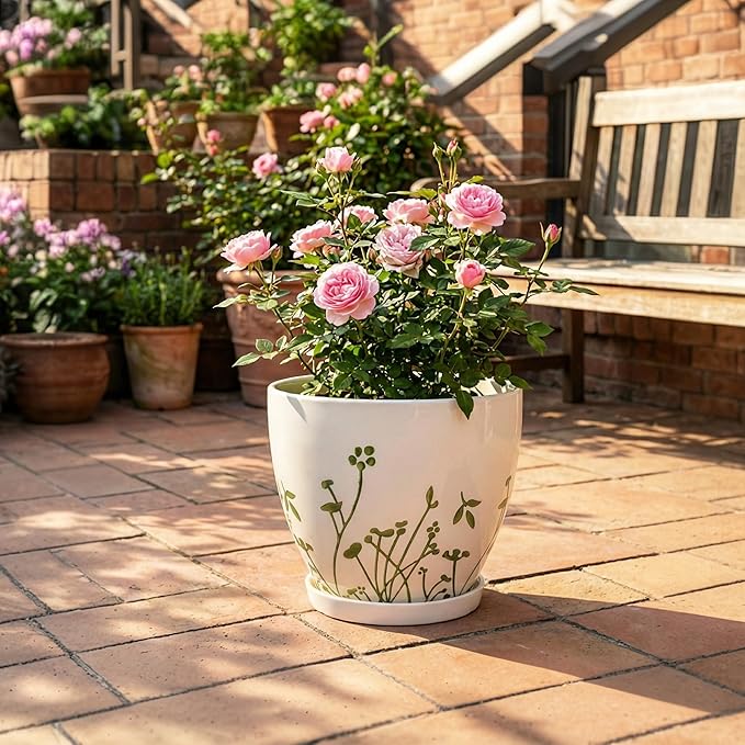 MPotTo Ceramic Pot for Plants 10 Inch - Indoor Planter for Plants with Drainage Hole and Saucer, Decorative Boho Round Planter, Gardening Gifts for Women Men, Office Home Garden Decor, White