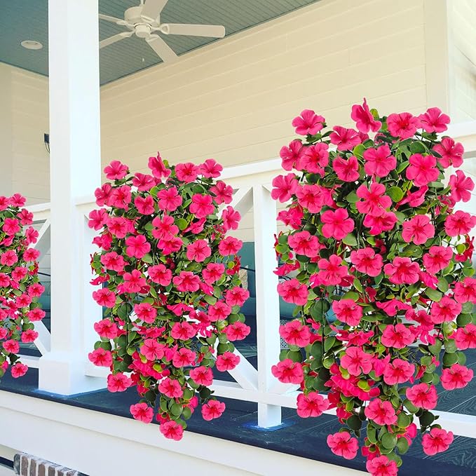 Artificial Geranium Hanging Flowers for Outdoor Decoration, 2 Bundles UV Resistant Silk Geranium Fake Plants Faux Flowers for Front Porch Garden Patio Window Box Outside Indoor Decor (Rose Red)