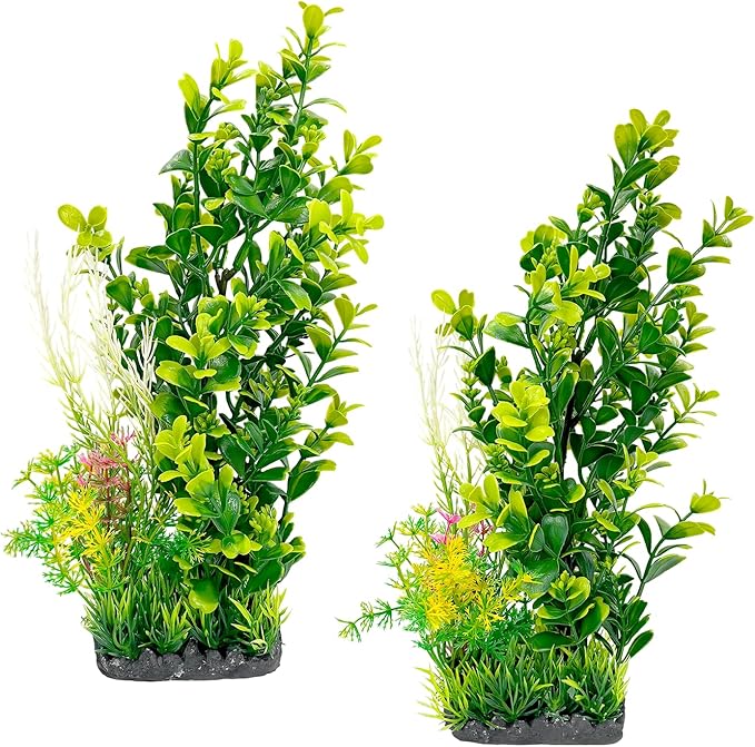 Aquarium Plants (2-Pack) Artificial Plastic Fish Fish Habitat Decor, Small to Moderate Size Aquarium Decorations, Safe Green Plants for Freshwater Tanks (Light Green & Gold Mix)