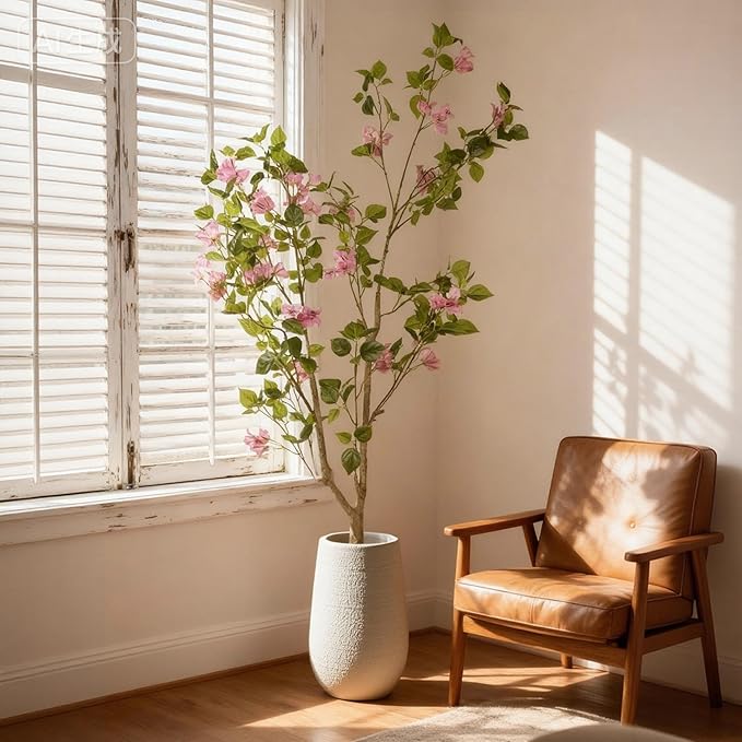 5FT Artificial Flowering Tree, Realistic Faux Bougainvillea with Colorful Blooms, Tall Potted Plant in Black Container, Statement Greenery for Living Room, Office & Sunroom, Easy to Place