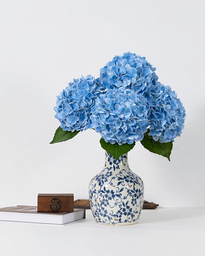 DuHouse 4Pcs Large Hydrangea Artificial Flowers,20 inch Latex Real Touch Hydrangeas for Home Wedding Bouquets Centerpieces Party Living Room Decoration(2Pcs Blue+2Pcs White)
