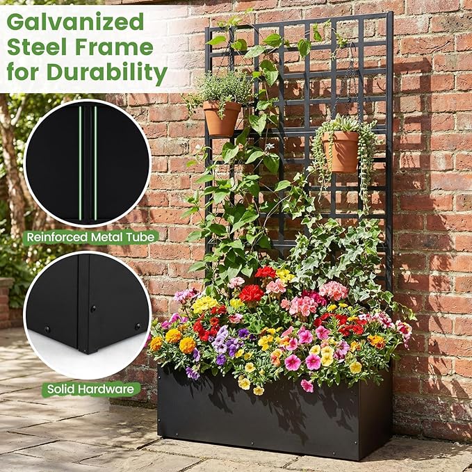 Giantex 2 Pack Metal Raised Garden Bed with Trellis, 36" x 16" x 77" Galvanized Planter Box w/Drainage Holes for Climbing Plants Vegetables Flowers, Outdoor Privacy Screen for Patio Backyard Balcony