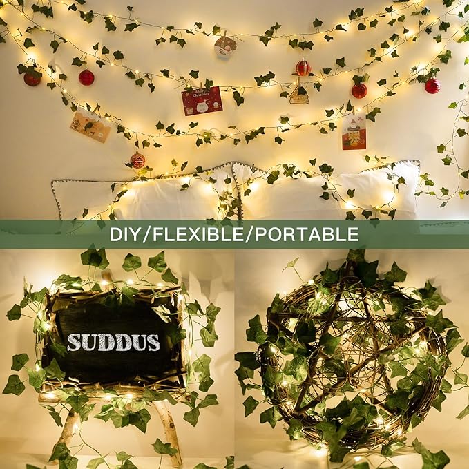 suddus Vine with Fairy Lights Battery Operated, 33ft 100 LED Ivy String Lights with Remote, Leaf Lights for Bedroom, Room, Wall, Garden, Party, Wedding Dorm Decor (Warm White)