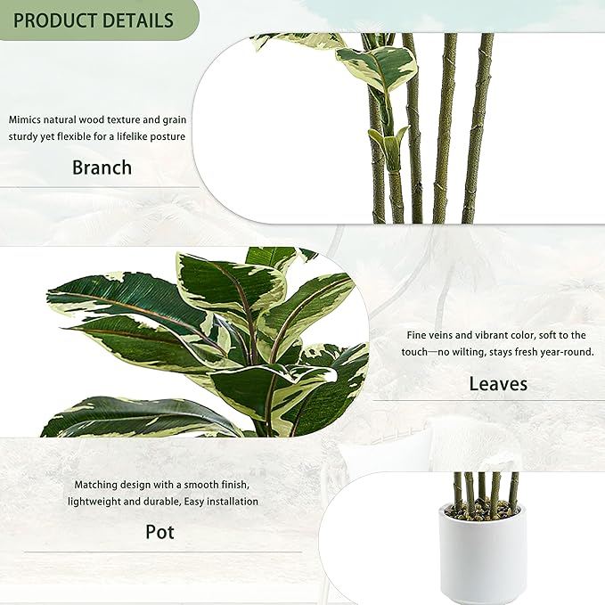 Artificial Rubber Plant 6FT Faux Plants Indoor Fake Rubber Tree with White Planter, Tall Fake Plants Potted Tree Floor Plant in Pot, Artificial Trees for Home Office Room Outdoor Decor
