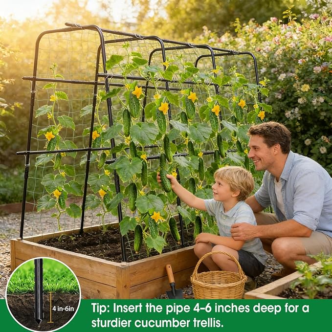 Cucumber Trellis for Raised Bed and Garden, 47" H x 63" W U-Shaped Metal Garden Trellis for Climbing Plants with Nylon Netting, Vegetable Support Frame
