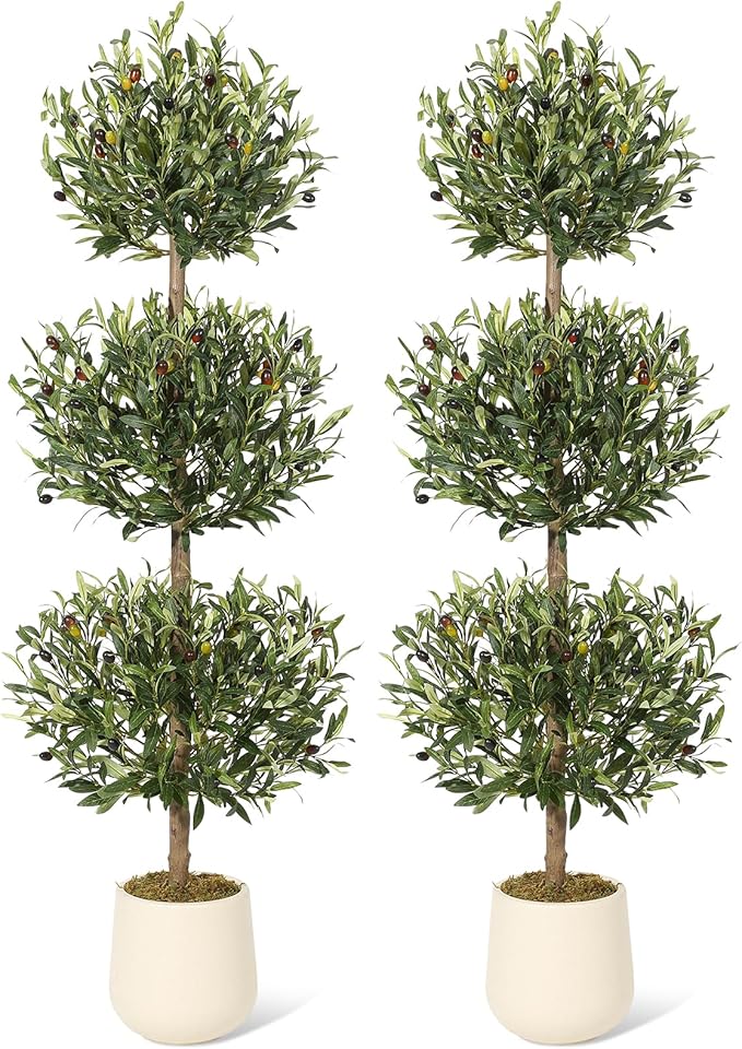 5 ft Artificial Olive Tree, Triple Ball Topiary Faux Plant with Moss & Pot, Outdoor Indoor Realistic Fake Shrubs Trees, Round Bushes Fake Shrubs Potted for Home Offices Porch Decor, Set of 2