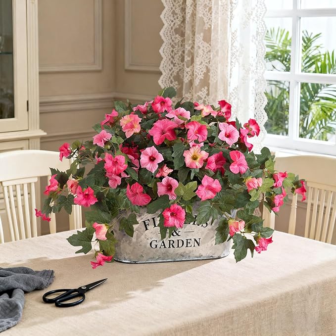 Ammyoo Artificial Fake Petunia Flowers for Outdoor Decoration, 2PCS Faux Silk Petunias Flower for Spring UV Resistant No Fade Realistic Plants for Garden Balcony Yard Porch Indoor Decor(Double Pink)