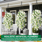 4PCS Artificial Hanging Flowers for Outdoors Summer Decoration, Fake Hanging Plants Faux Petunias with Eucalyptus, UV Resistant No Fade Plastic Realistic Silk Flowers for Porch Patio Balcony Indoor
