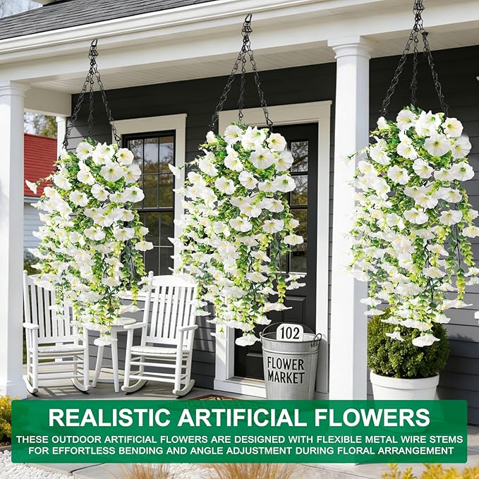 4PCS Artificial Hanging Flowers for Outdoors Summer Decoration, Fake Hanging Plants Faux Petunias with Eucalyptus, UV Resistant No Fade Plastic Realistic Silk Flowers for Porch Patio Balcony Indoor