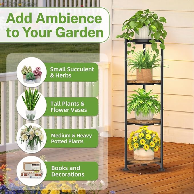 iDavosic.ly 4 Tier Plant Stand Indoor with Grow Light, 30 Inch Tall Vertical Corner Metal Flower Heavy Duty Pot Holder Shelf, Modern Black & Rustic Brown - Round