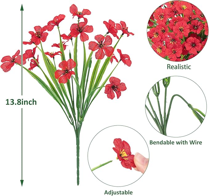 Roberly 24 Bundles Artificial Flowers for Outdoors UV Resistant Silk Fake Flowers Faux Plastic Plants for Porch Garden Window Box Indoor Outdoor Spring Summer Home Farmhouse Decor, Red