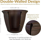 Sunnydaze 15.25-Inch Anjelica Large Plastic Pot for Plants - Outdoor Double-Walled Large Plastic Planter with Drillable Drainage Holes - Rust