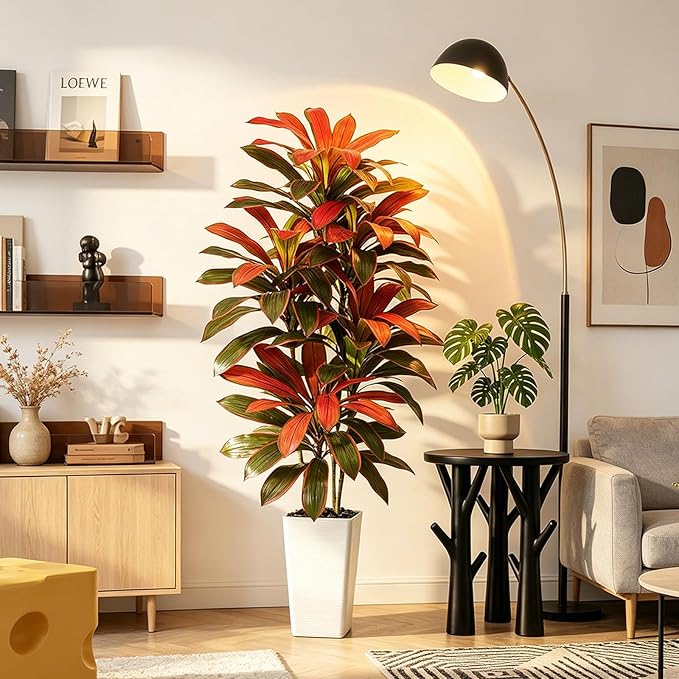 Artificial Red Dracaena Tree - 5FT Tall Fake Plants with White Tall Planter - Artificial Plants Indoor Floor Plant in Pot - Large Tropical Fake Yucca Potted Tree for Home Office Living Room Decor