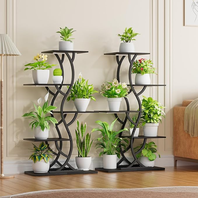 Plant Stand Indoor with Grow Lights - 44" Tall Corner Plant Stands for Indoor Plants, 5 Tiered Metal Plant Shelf, Curved Plant Flower Holder Dispaly Rack for Living Room, Home Patio Balcony (Blackboard)
