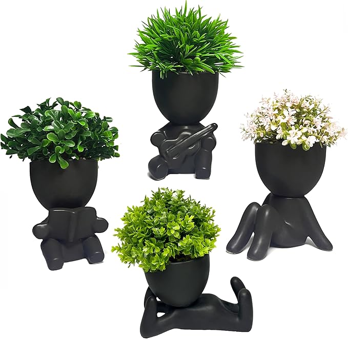 4 Packs Creative Fake Plants Artificial Succulents in Ceramic Human Shaped Pots – Funny Premium Ceramic Faux Succulent Pots for Home & Office Desk Decor, Perfect Humorous Gift Idea (4, Black)