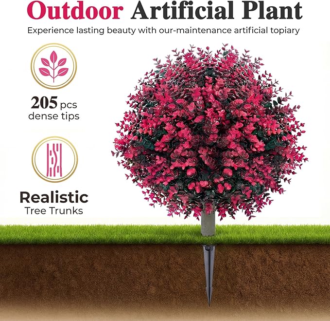 PATIO CHOICE Topiary Trees Artificial Outdoor Boxwood Ball Trees with Ground Spike Set of 2 22" Fake Outdoor Plants Faux Bushes and Shrubs Decorations for Outdoor Indoor Front Porch Garden