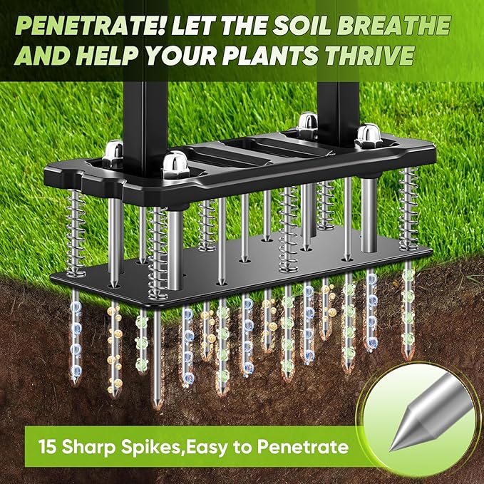 Sakerplus Aerator Lawn Tool, Spike Lawn Aerator with Auto-Return Self-Cleaning Tines, Anti-Fatigue Comfort Pad, Reinforced Anti-Breakage Joints, 15 Steel Tines for Garden Healthy Grass Aeration -Black