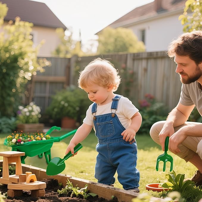 Duckura Kids Wheelbarrow Set - Gardening Tools for Kids with Shovel, Rake, Trowel, Outdoor Yard Lawn Digging Weed Toys, Easter Birthday Gifts for Boys Girls Age 2 3+Years Old(Green B)