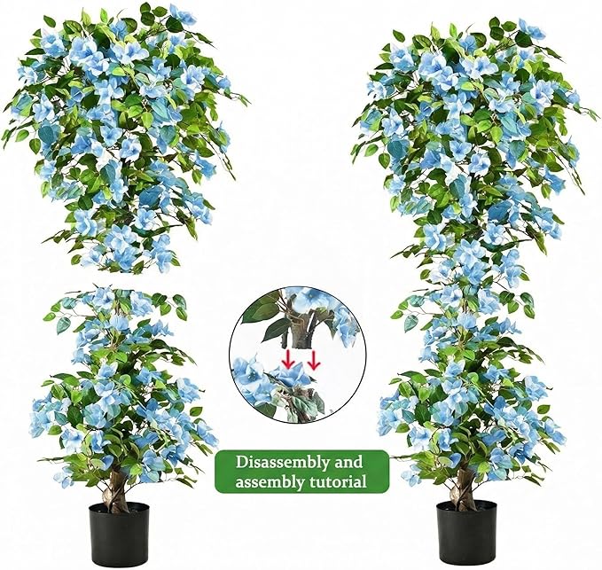 Artificial Bougainvillea Tree -5FT Faux Bougainvillea Tree with Realistic Flowers, Tall Fake Flower Tree for Indoor or Outdoor Decor, Silk Floral Plant for Living Room, Porch, Garden (Blue/White)