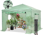 GDY 10X10FT Instant Pop-up Greenhouse, Walk-in Plant Gardening Green House with PE Cover/Roll-Up Zipper Doors/Side Windows for Indoor, Backyard and Outside, Green/Clear.