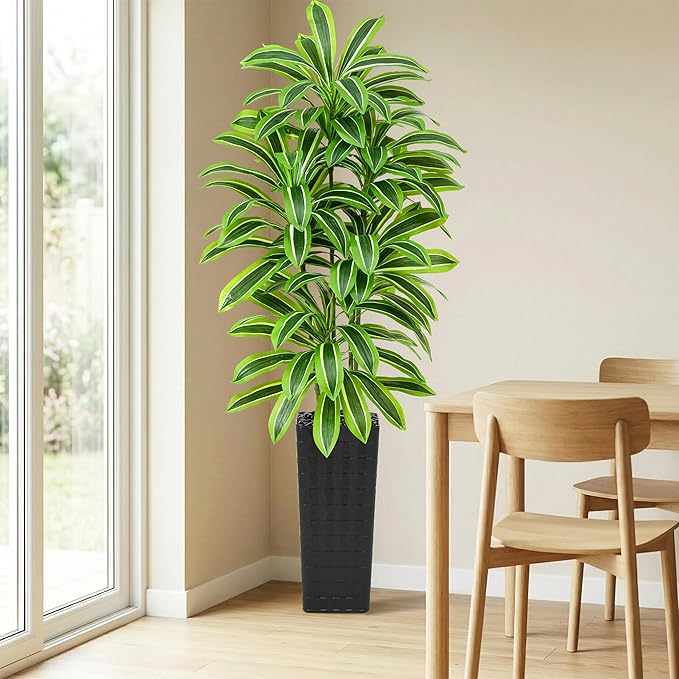 Artificial Dracaena Tree：7FT Faux Silk Tropical Yucca Floor Trees Realistic Fake Green Plant with Natural Wood Trunk & Lifelike Leaves for Home Office Decor Indoor & Outdoor (7FT,1-Pack,Black)