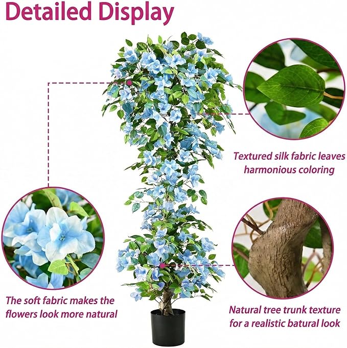 Artificial Bougainvillea Tree -5FT Faux Bougainvillea Tree with Realistic Flowers, Tall Fake Flower Tree for Indoor or Outdoor Decor, Silk Floral Plant for Living Room, Porch, Garden (Blue/White)