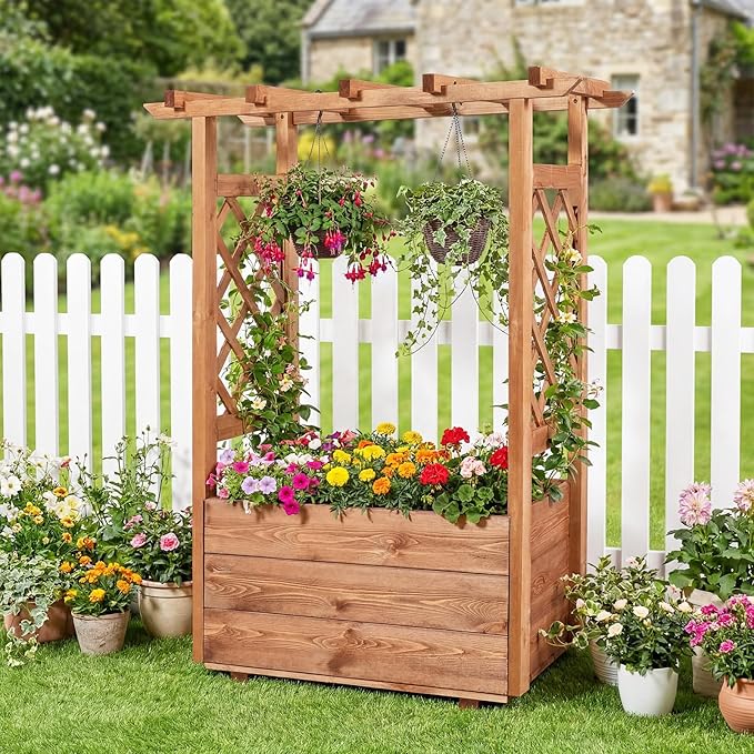 Giantex Raised Garden Bed with Sided Trellis & Roof, 31”x16”x41” Wood Elevated Planter Box, Freestanding Garden Planter Raised Bed for Flowers Herbs Climbing Vines,Brown,1