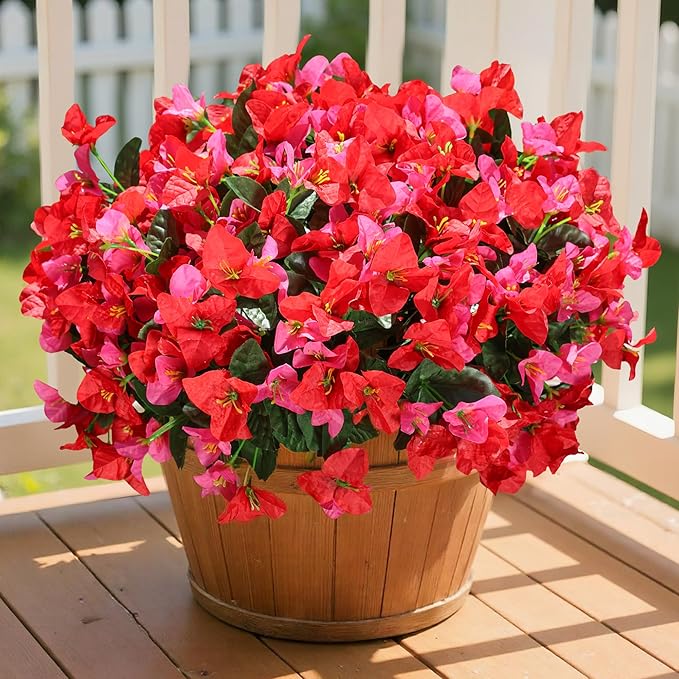 Artificial Flowers for Outdoors Outside Spring Summer Decor, 4 Bundles Silk Bougainvillea Fake Plants Faux Outdoor Flowers for Planters UV Resistant Realistic for Porch Window Garden Home, RedHotpink