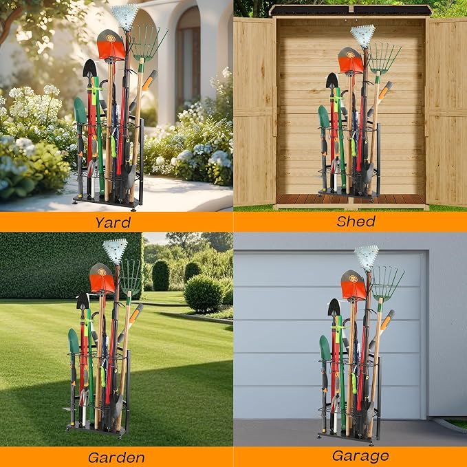 UU-Major Garden Tool Organizer,Yard Tool Rack Heavy Duty,Free Standing for Garage Corner,Garage Organization,Garage Organizers and Storage,Garden Tool Holder for Lawn,Shed,Outdoor,Metal