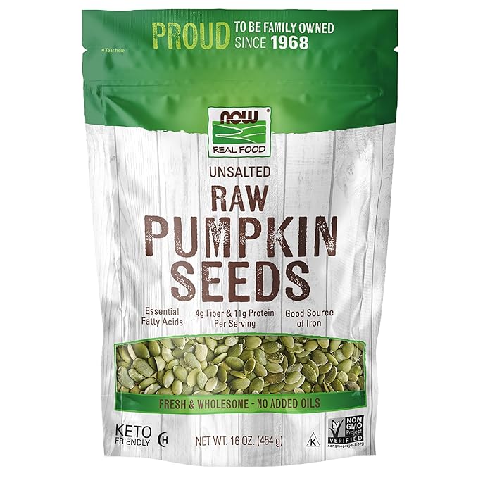 NOW Foods, Pumpkin Seeds, Raw and Unsalted, Essential Fatty Acids, Rich in Iron, Excellent Source of Protein, Certified Non-GMO, 1-Pound (Packaging May Vary)