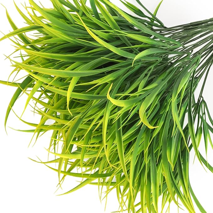 Ouddy Decor 16 Bundles Artificial Plants Outdoor Fake Grass Greenery Stems UV Resistant Faux Plastic Plants Shrubs for Spring Summer Garden Pathway Window Box Farmhouse Front Porch Home Decor, Yellow