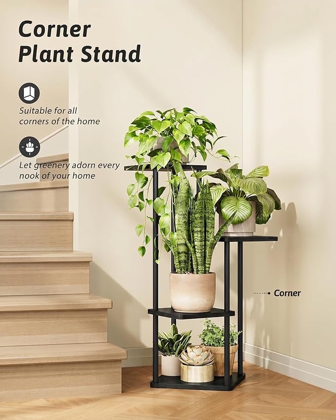 GENTINGBRO Tall Plant Stand Indoor 4 Tiered Plant Shelf for Multiple Plants Coner Shelf Stand Wood Plant Stand Metal Shelving for Living Room Bedroom Balcony Patio Black