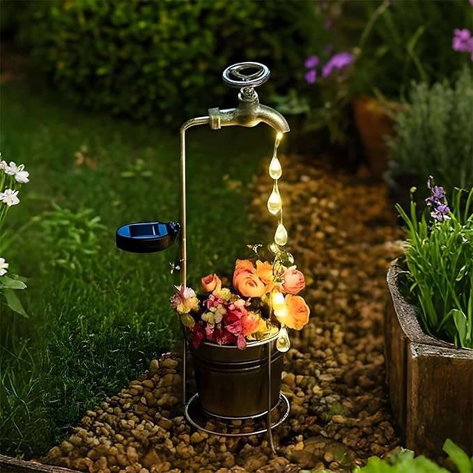 JIAJIAMEI Solar Water Faucet Bucket Lights Outdoor Garden Decor, Waterproof Vintage Decorations with LED Light for Yard Lawn Patio Pathway
