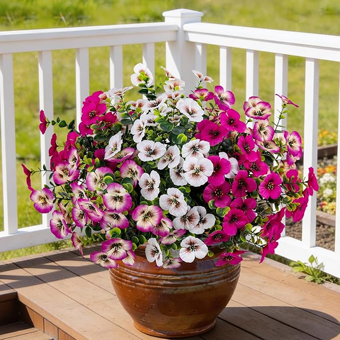 17 Inch Artificial Faux Pansy Flowers for Outdoor,Fake Pansies Flowers with Eucalyptus Leaves Fake Plants Greenery Boxwood Porch Patio Decor 6 Bundles(White,Rose White,Rose Red)