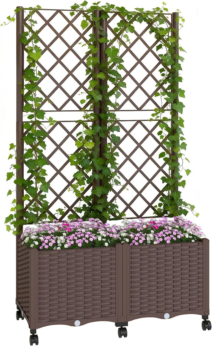 Outsunny Planter Box with Trellis, Self Watering Raised Garden Bed with Lockable Wheels, Privacy Trellis Planter with Drainage Holes for Climbing Plants, Vegetables, Flowers, 56.3", Brown