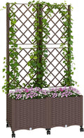 Outsunny Planter Box with Trellis, Self Watering Raised Garden Bed with Lockable Wheels, Privacy Trellis Planter with Drainage Holes for Climbing Plants, Vegetables, Flowers, 56.3", Brown