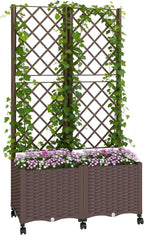 Outsunny Planter Box with Trellis, Self Watering Raised Garden Bed with Lockable Wheels, Privacy Trellis Planter with Drainage Holes for Climbing Plants, Vegetables, Flowers, 56.3", Brown