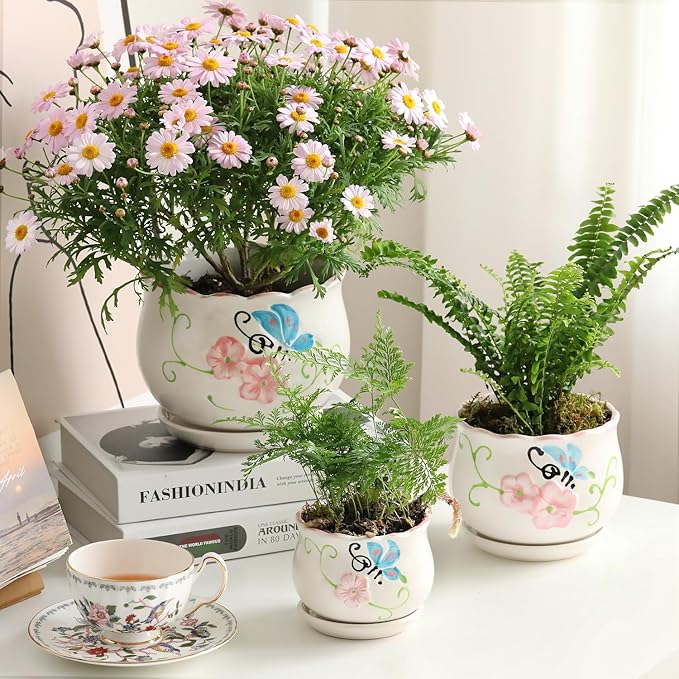 Ceramic Plant Pots with Drainage Holes and Saucers, Round Flower Pots for Indoor Plant, 4/5.2/6.6 Inches Flower Large Planters Set of 3