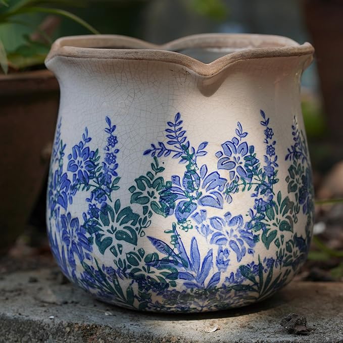 Dosayes Rustic Ceramic Planter, 6 Inch Tuscan Vintage Flower Pot with Drainage, Farmhouse Garden Pot for Indoor Plants, Kitchen & Garden Tuscan Decor, Plant Lover Gift (Cyan)